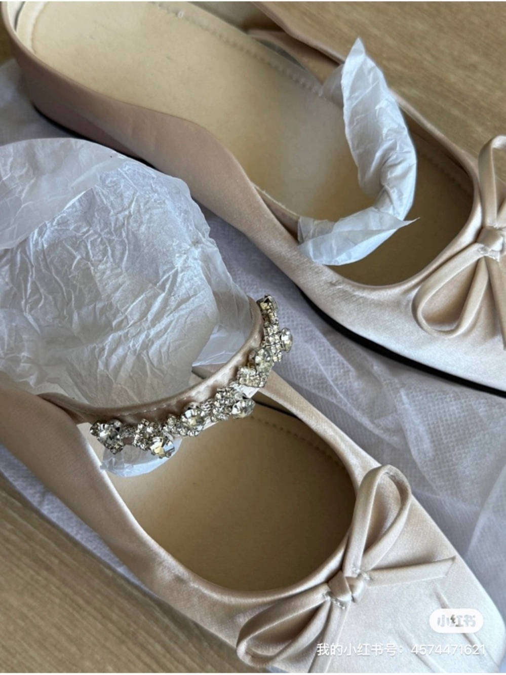 Shining Beige Ballet Flats with Bow and Embellished Strap